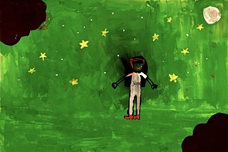 I painted my sky in green colour because it is a colour of peace for me, with stars and the moon.  And I drew myself with red shoes as it reminds me of my childhood wearing my red shoes with my red hairband. 