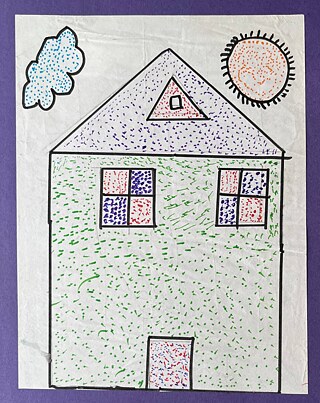 This is the home of my dreams. I saw it in the VIP area of Delhi when I was going somewhere with my father. It is a very beautiful house, and it is strong. My home in Khirkee is not strong, it will break in an earthquake. And when it rains, the street outside is full of mud. It is very difficult to walk there. That's why I drew this house.