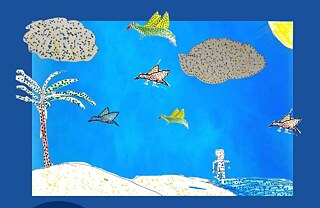 This is me, in my story. I have drawn a beach and this is my brother Faiz, also on the beach. This is the sea, these are hills that contain sand. This is a tropical tree and these are the clouds and the sun. I am the bird here, because some birds are free, while some birds are caged, which is not good. And I can fly and go anywhere in the world and I don't have to pay anything to go for a flight.