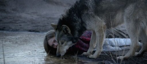 Eine Frau und ein Wolf trinken von einer Wasserquelle.