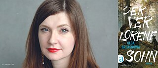 Olga Grjasnowa und das Titelbild ihres Romans "Der verlorene Sohn"