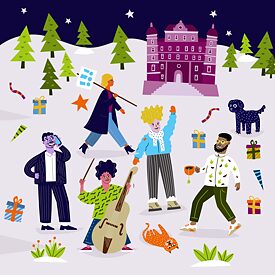 Winterliches Wimmelbild. Fünf Personen, eine Katze und ein Hund laufen durch den Schnee. Im Hintergrund steht ein großes Hotelgebäude.