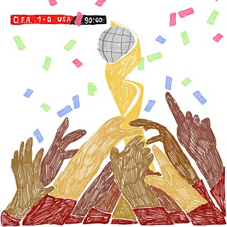 Illustration: Many hands hold up a trophy, confetti in the background