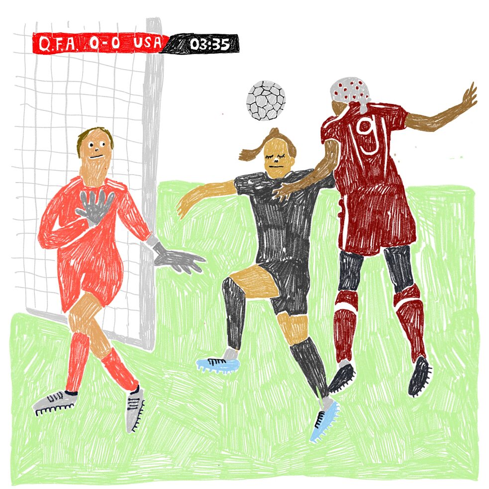 Illustration: Three football players in front of the goal, one heads the ball towards the goal