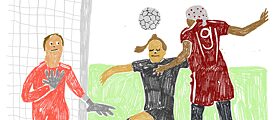 Illustration: Three football players in front of the goal, one heads the ball towards the goal