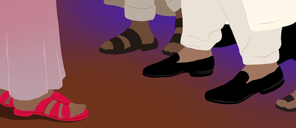 Illustration: The legs of a garment-covered woman, with snadalas on her feet, are standing opposed to the legs of three men. 