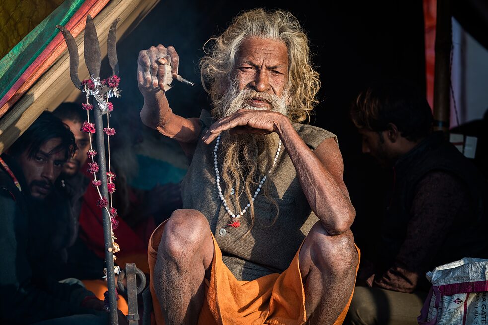 Amar Bharati Urdhavaahu, a holy man in India, who has kept his arm raised for over 40 years as a sign of devotion to the Hindu god Shiva