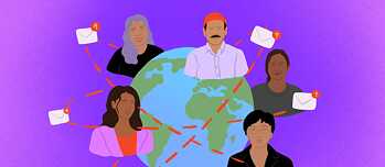 Illustration: Around a globe are the heads of the five authors, between them letters fly around