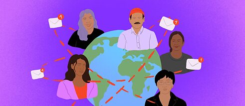 Illustration: Um eine Weltkugel sind die Köpfe der fünf Autor*innen, zwischen ihnen fliegen Briefe umher