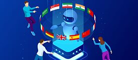 Three people floating around a robot with different flags