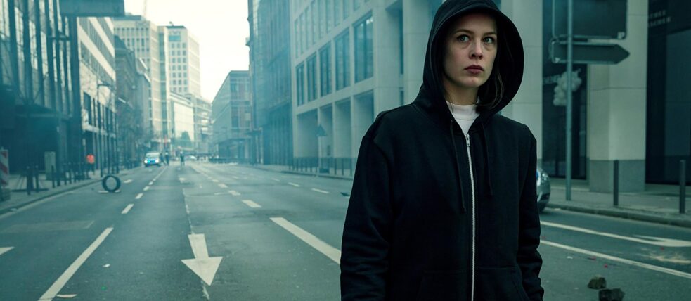 Levantes nas ruas de Frankfurt. Jana Liekam (Paula Beer), vestindo um moletom preto com capuz, tenta não ser notada.
