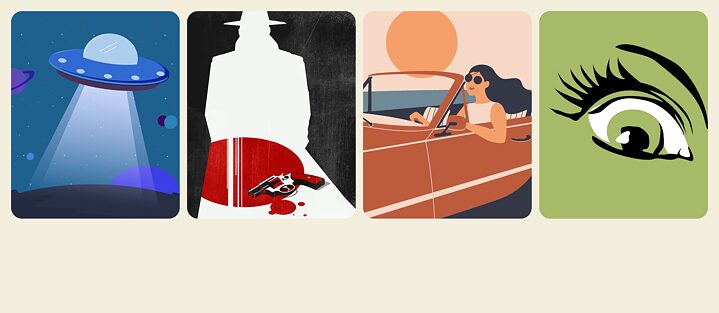 Vier Abbildungen, zwei oben und zwei unten: ein Raumschiff, ein Revolver auf dem Boden, auf einer Sange, eine Frau in einem Auto und ein linkes Auge.