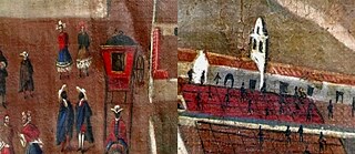 Two details from the same painting are juxtaposed, showing a church with a prominent cross juxtaposed with a public square with finely dressed people