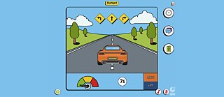 Imagen de una pantalla donde se ve una carretera, un auto  y un letrero que dice Stutgart © © Goethe-Institut Autobahn Digital
