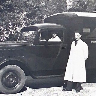 Jaques Abraham in Berlin with one of his ambulances after the war