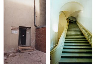 Eingang zum Goethe-Institut Riga bis Mai 1999. Hinter der Tür verbarg sich eine lange, steile hölzerne Treppe des Ausstellungssaals „Arsenals“, die man erklimmen musste, um im Institut anzukommen.