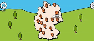 Bildzeichnung einer Deutschlandkarte mit Markierungen für 15 Städte