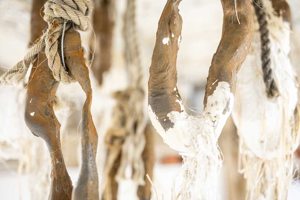 Dominique White, "A Refusal to Be Contained, a Refusal to Die" (2021), Kaolin-Ton, Sisal, Gusseisen, Seile, Kaurimuscheln, zerstörtes Segel, ca. 2.8 x 1.8 x 1m im aqb 2021 