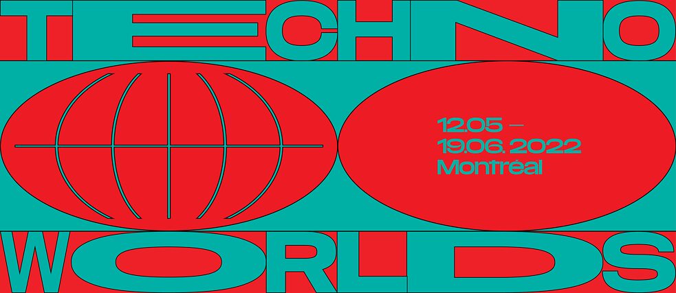 Auf dem Bild zu sehen ist das Key Visual der Ausstellung. Es zeigt den Schriftzug TECHNO WORLDS und einen stilisierten Globus.