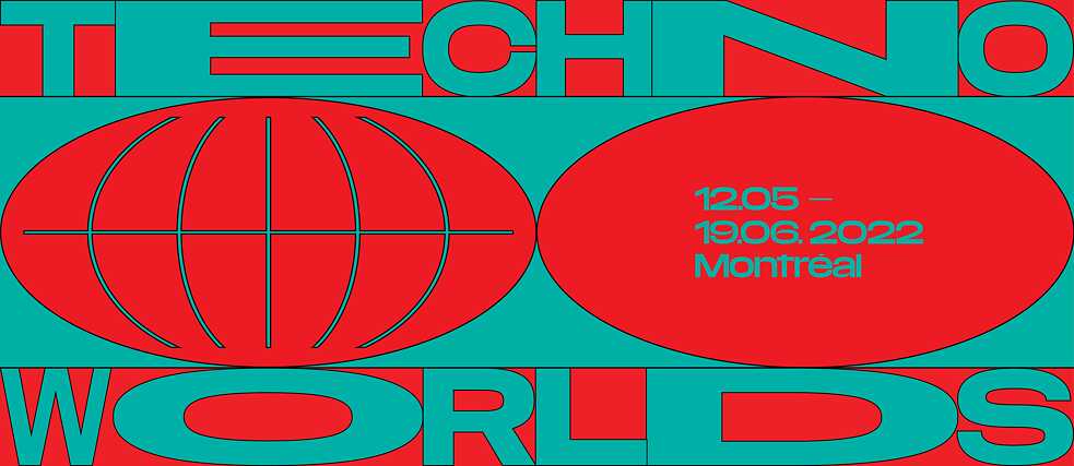 Auf dem Bild zu sehen ist das Key Visual der Ausstellung. Es zeigt den Schriftzug TECHNO WORLDS und einen stilisierten Globus.