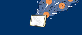 Aus einem Tablet strömen Bücher und bunte Kreise.