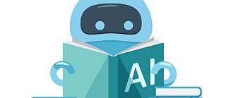Ein Roboter liest ein Buch über künstliche Intelligenz