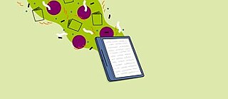 Aus einem E-Reader strömen Bücher und bunte Kreise.