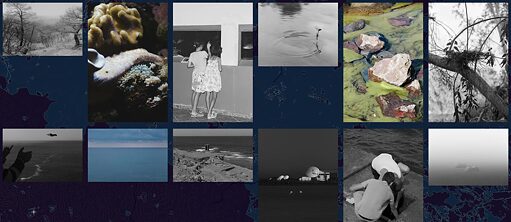 A collage of photos, some of which are black and white and some in colour, featuring water landscapes or children in different activities.