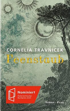 Buchcover für "Feenstaub" von Cornelia Travnicek. Illustration im Stil einer Radierung eines Baums und einigen Büschen. Am Himmel sieht man drei Sonnen und einige Vögel.