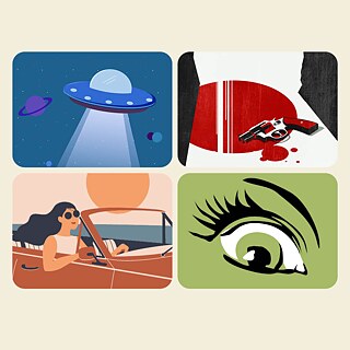 Quatro ilustrações, duas em cima e duas em baixo: uma nave espacial, um revolver no chão, em cima de sange, uma mulher em um carro e um olho esquerdo.