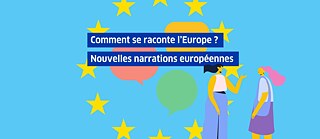 Deux femmes en train de discuter, entourées de la couronne de douze étoiles d'or, symbole de l'UE