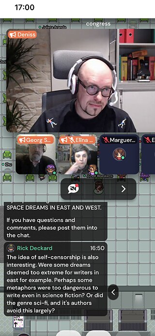 November 2021, Diskussion „Weltraumträume in Ost und West" im Rahmen des Anti-Dystopischen Kongresses. Im Bild Deniss Hanovs, Georg Seeßlen und Elīna Reitere.