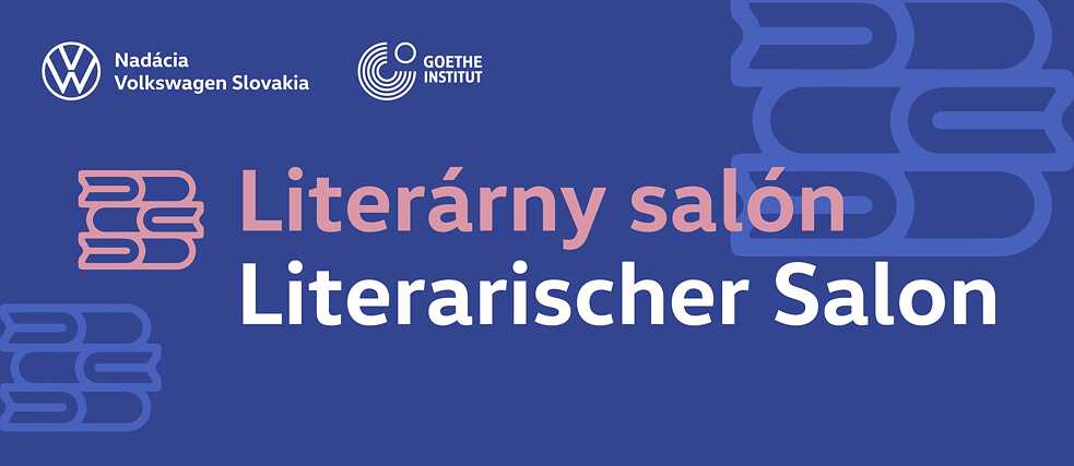 Grafika podujatia s názvom Literárny salón. Hore sa nachádzajú logá Nadácie Volkswagen Slovakia a Goethe-Institut. Nižšie sú znázornené ružové a modré knihy na sebe. Názov podujatia je umiestnený v strede na modrom pozadí, v ružovej a bielej farbe.