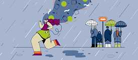 A woman listens to digital media from the Onleihe service and runs past people waiting at the bus stop in the rain. 