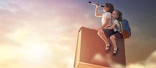 Children on a treasure hunt holding a pair of binoculars and sitting on a flying book 