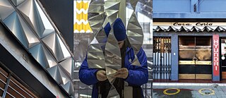 Leonardo Portus, Casa Coria (Detail) Chillán 2022; Leonardo Portus, MUSICAL, Ansicht Intervention, Markthalle Chillán, Chile 2022. (Foto: dos tercios); Leonardo Portus, Casa Coria, ehemalige Musikhandlung, Chillán 2022