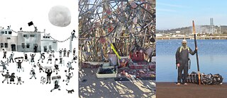 Camilo Ortega, Anhelos de un pueblo / Sehnsüchte der Menschen, 2019; Adolfo Torres aka Chawak, Mínimas ofrendas. La procesión de las cosas / Minimale Opfergaben. Die Prozession der Dinge, Installation seit 2016, Caldera, Chile (Foto: E.C. Meier); Danny Reveco, Sin tierra, sin agua, sin cielo / Ohne Land, ohne Wasser, ohne Himmel, Performance, Region Valparaiso, Chile 2018. Foto: Paula Baeza Pailamilla