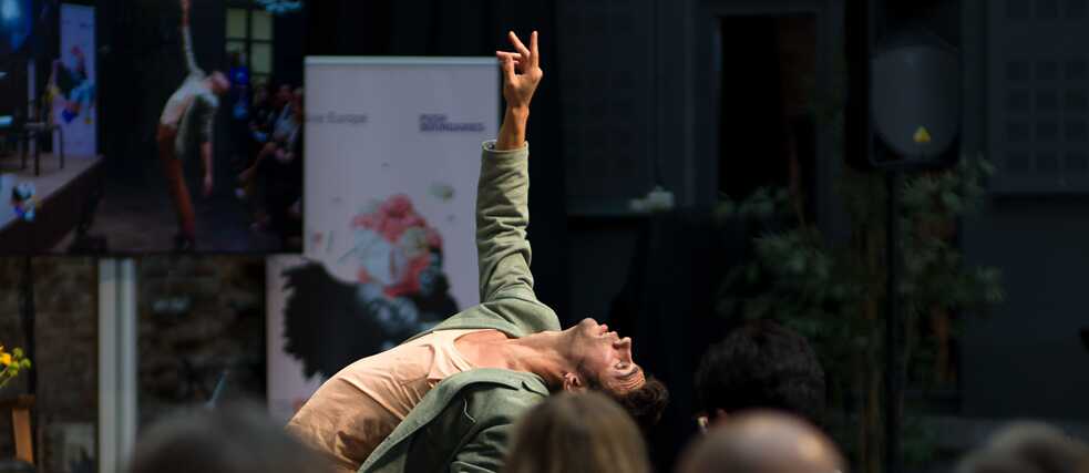 Aurélien Oudot, member of the acrobatic and circus group BackPocket during a performance at the introductory event for “Culture Moves Europe”.