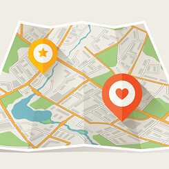 City map with two markers, a heart and a star