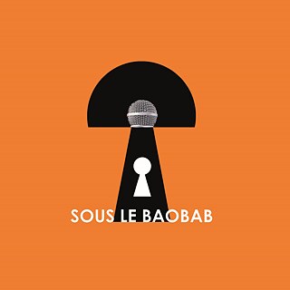 The orange square is the background for a design that looks like a keyhole, at the same time like a microphone and at the same time like an abstract baobab tree. 