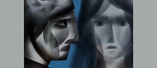 Illustration with two sad faces in grey and blue 