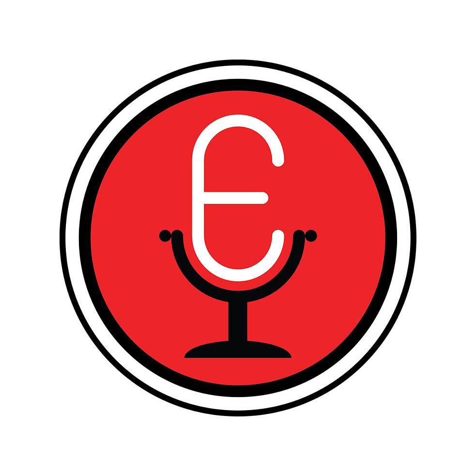 Partnerlogo Első Pesti Egyetemi Rádió (EPER) – Grafik bestehend aus weißem 'E' auf rotem Kreis mit Konturlinien in Schwarz, Weiß, Schwarz