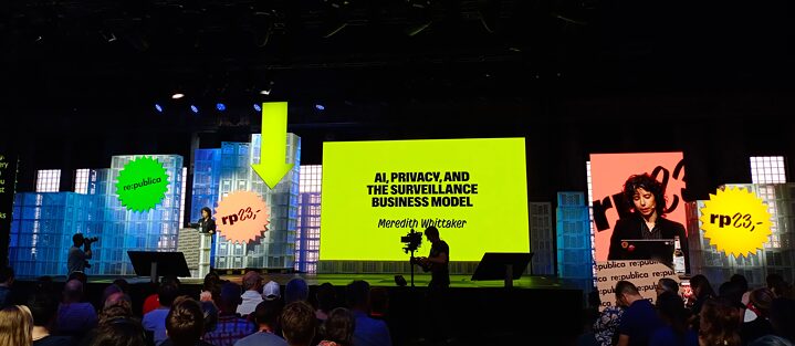 Meredith Whittaker, the president of Signal Foundation, opens the conference with her keynote speech.