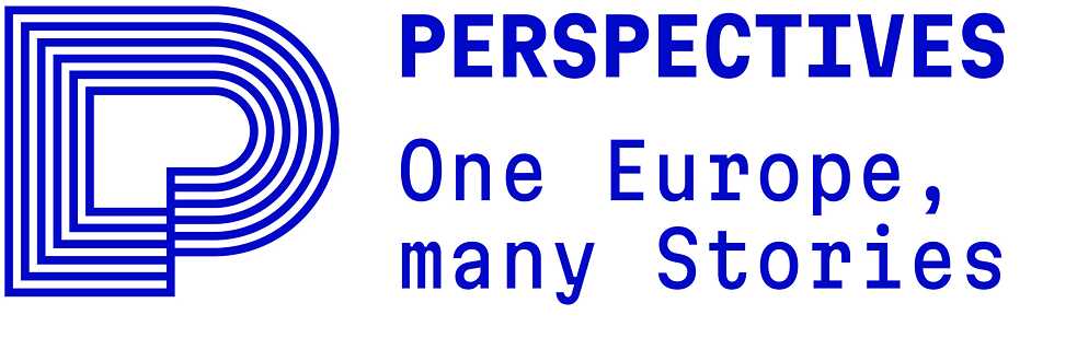 Illustration Project-logo PERSPECTIVES – “P“ on the left, with lettering 'PERSPECTIVES, one Europe, many stories' (horizontal)
