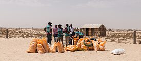 Männer mit Mülltüten am Strand
