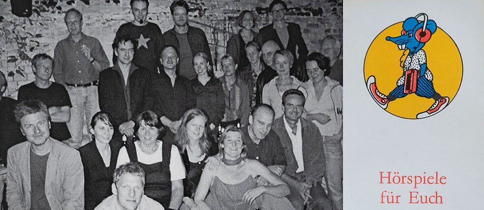 Eva Sudrow surrounded by her colleagues around 2008/09 and “Hörspiele für euch” bookmark (radio plays for you)