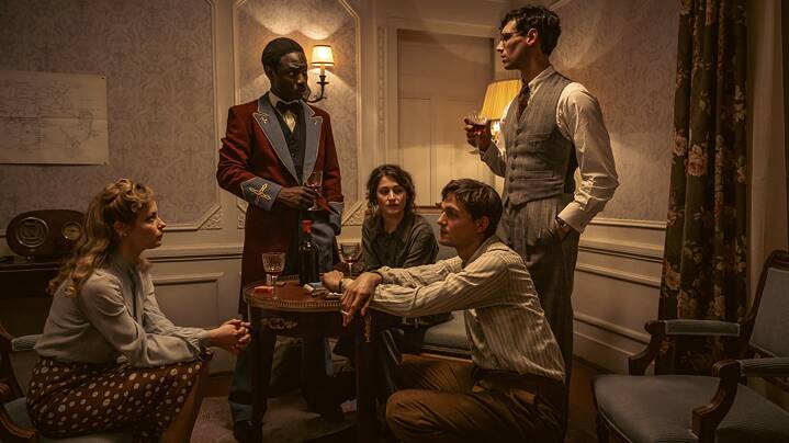 Gillian Jacobs as Mary Jayne Gold, Ralph Amoussou as Paul Diallo, Deleila Piasko as Lisa Fittko, Lucas Englander as Albert Hirschmann, Cory Michael Smith as Varian Fry. Production Still from the Netflix Series Transatlantic