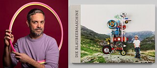 Porträt von Jan von Holleben, ein bunter Regenbogen umgibt seinen Kopf und seinen Oberkörper (links) und Titelbild des Buches 'Die Blaubeermaschine' (rechts): Vor einem Hintergrund mit Bergen und einem kleinen Jungen, der neben einer bunten Maschine steht.