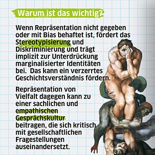 Wenn Repräsentation nicht gegeben oder mit Bias behaftet ist, fördert das Stereotypisierung und  Diskriminierung und trägt  implizit zur Unterdrückung marginalisierter Identitäten bei. Das kann ein verzerrtes Geschichtsverständnis fördern. Repräsentation von Vielfalt dagegen kann zu einer sachlichen und empathischen Gesprächskultur beitragen, die sich kritisch mit gesellschaftlichen Fragestellungen auseinandersetzt. 