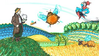 Пароль летить над полем на ядрі. Вуйко пасе бджіл і здивовано дивиться на це